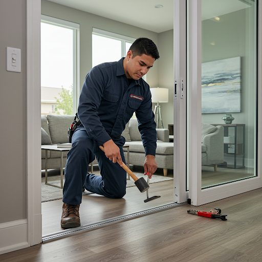 Repair technician straightening a dented sliding door track using a rubber mallet in a modern Houston living room.